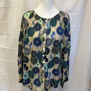 CBR Blue and Green Buttoned Long Sleeve Blouse